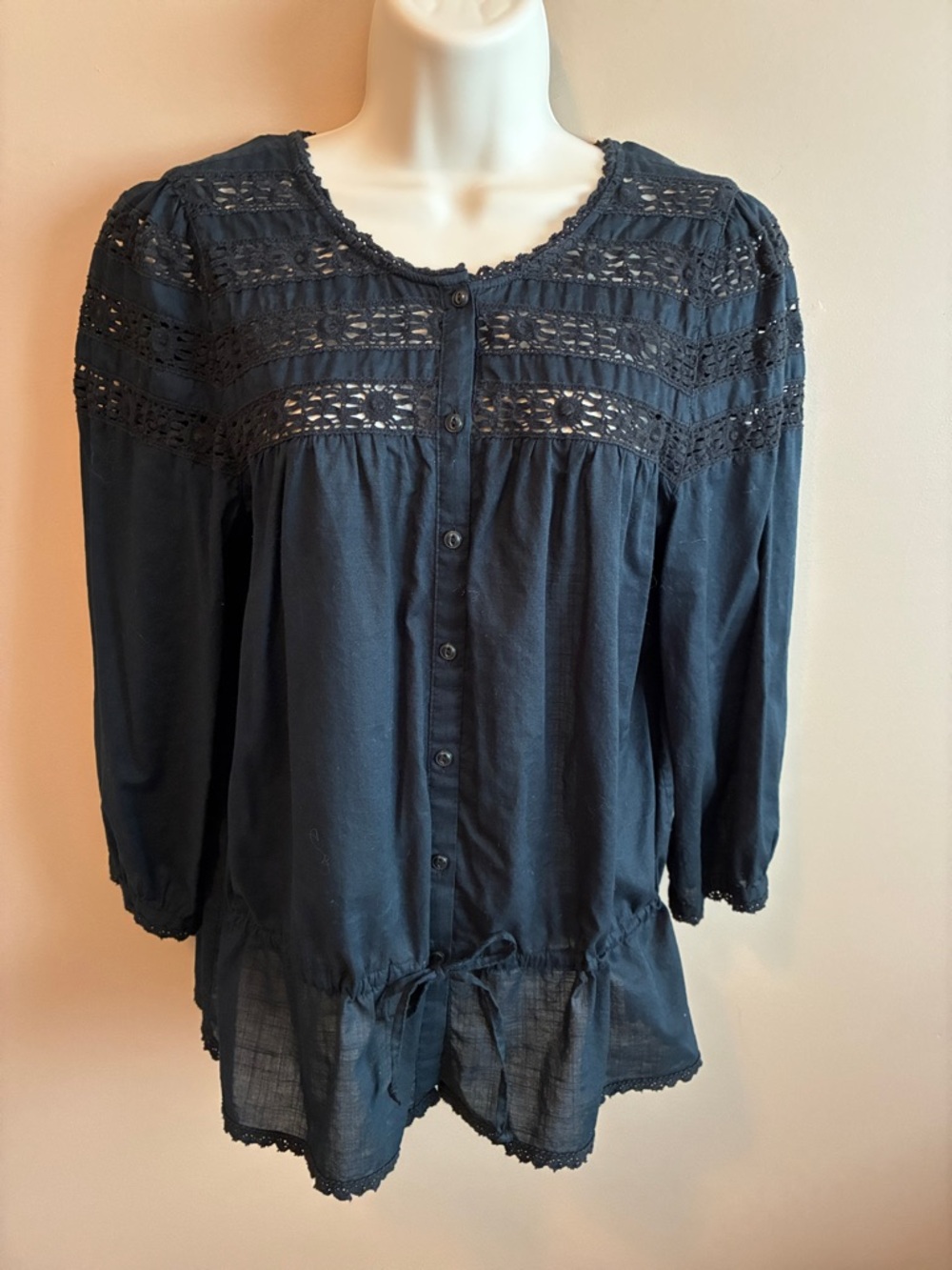 Ralph Lauren Navy Crochet Yoke Button-Down Top